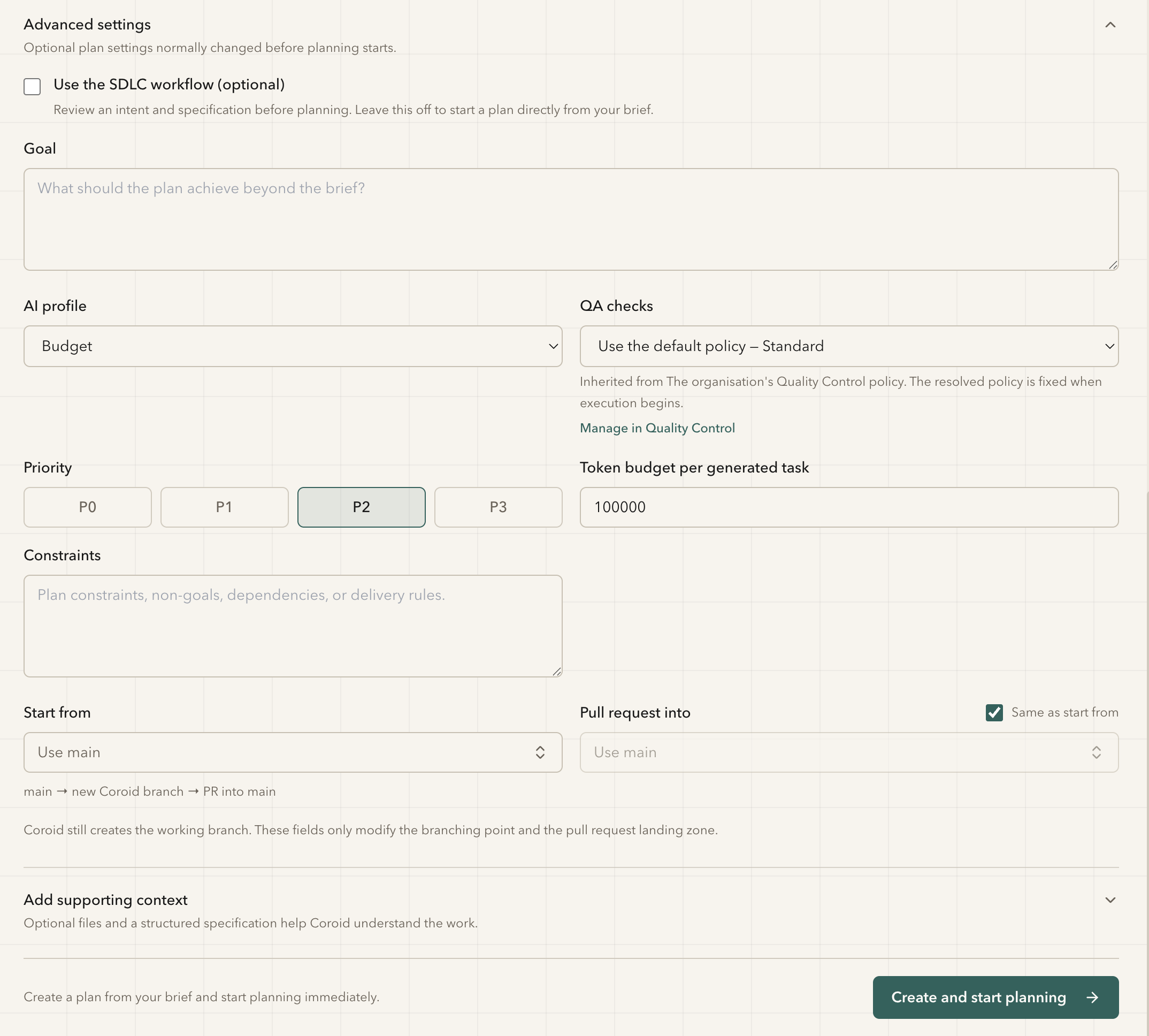 Advanced settings expanded, showing the SDLC workflow toggle, Goal, AI profile, QA checks, Priority, token budget, Constraints, and branch fields.
