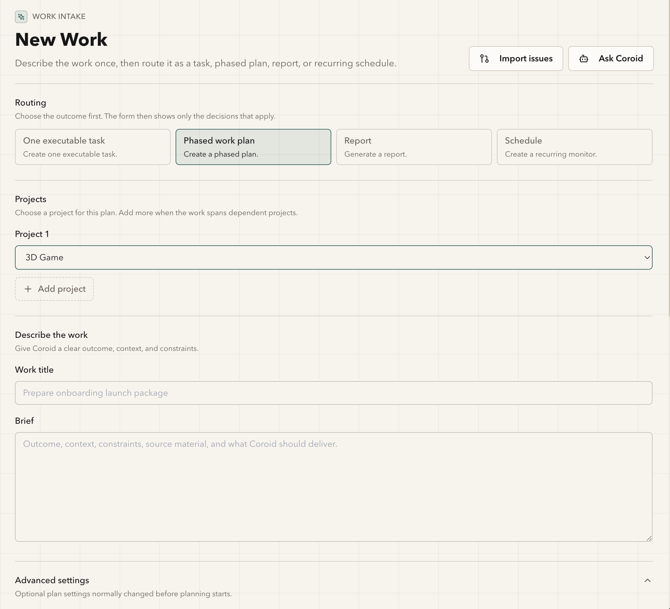The New Work form, showing the four routing options above the project picker and work description fields.
