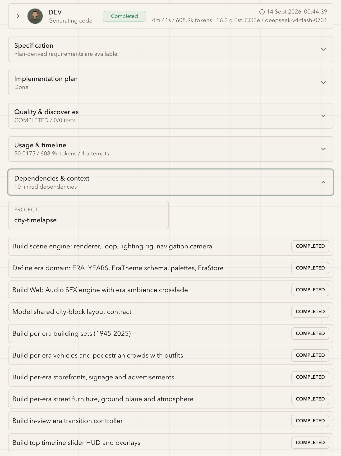 The Dependencies and context section, listing the project and ten linked dependencies each with its own status.
