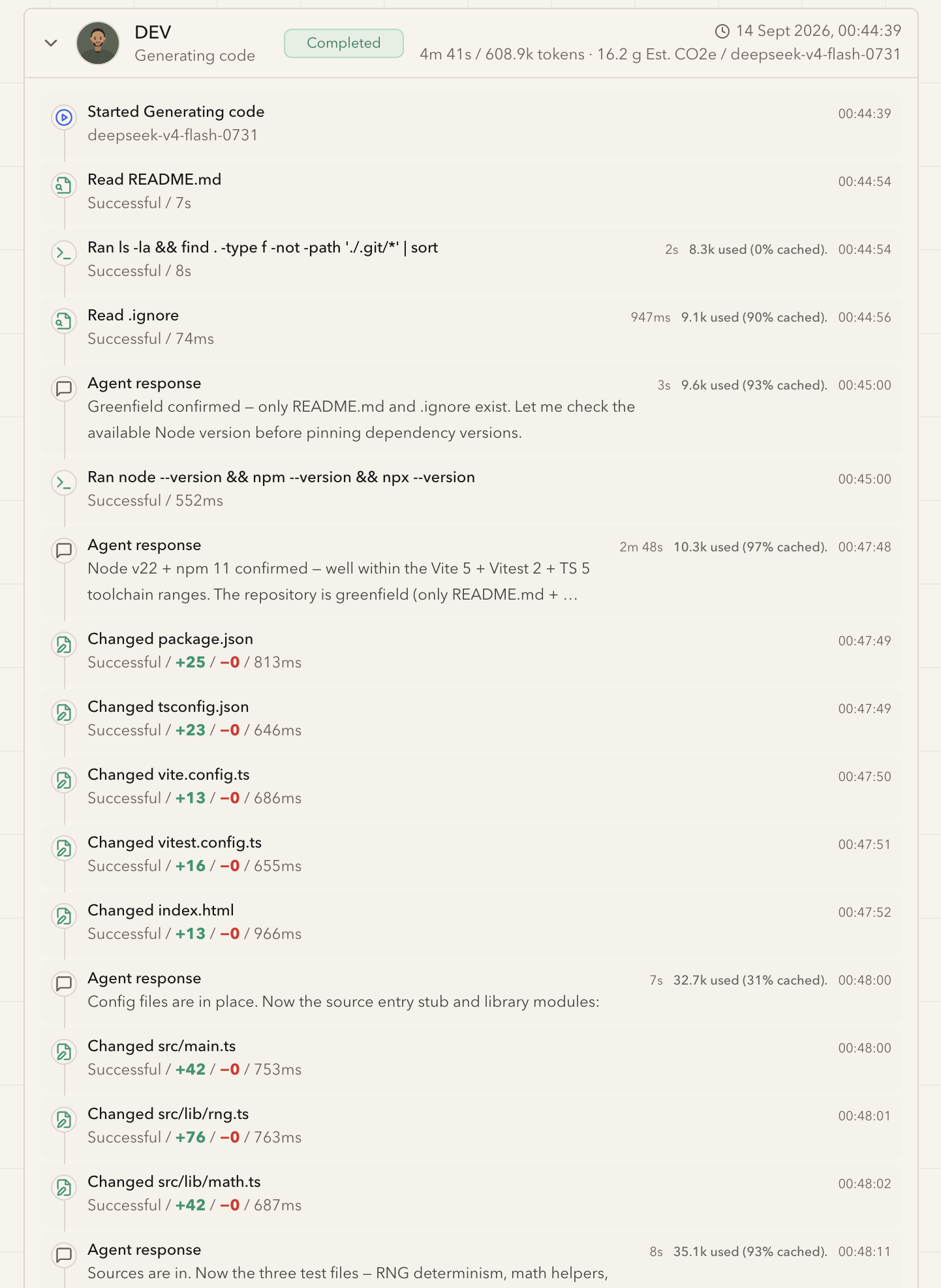 An expanded execution trail listing each step: files read, commands run, agent responses, and files changed with line counts.