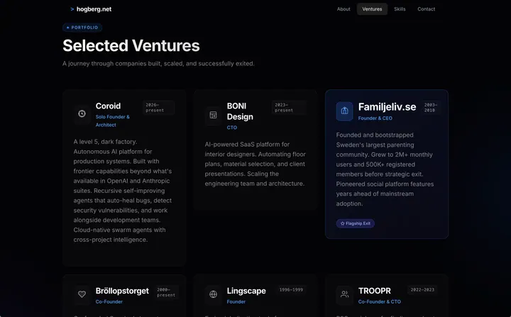 Before screenshot of the hogberg.net website before Coroid changes
