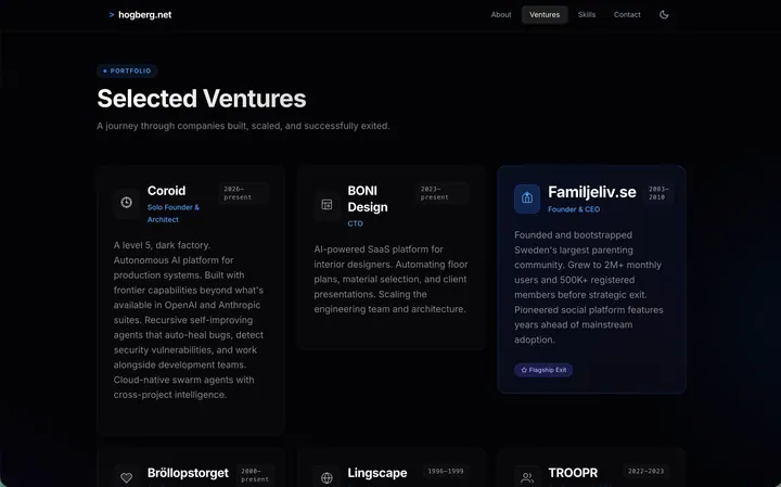 After screenshot of hogberg.net in dark mode after Coroid implementation