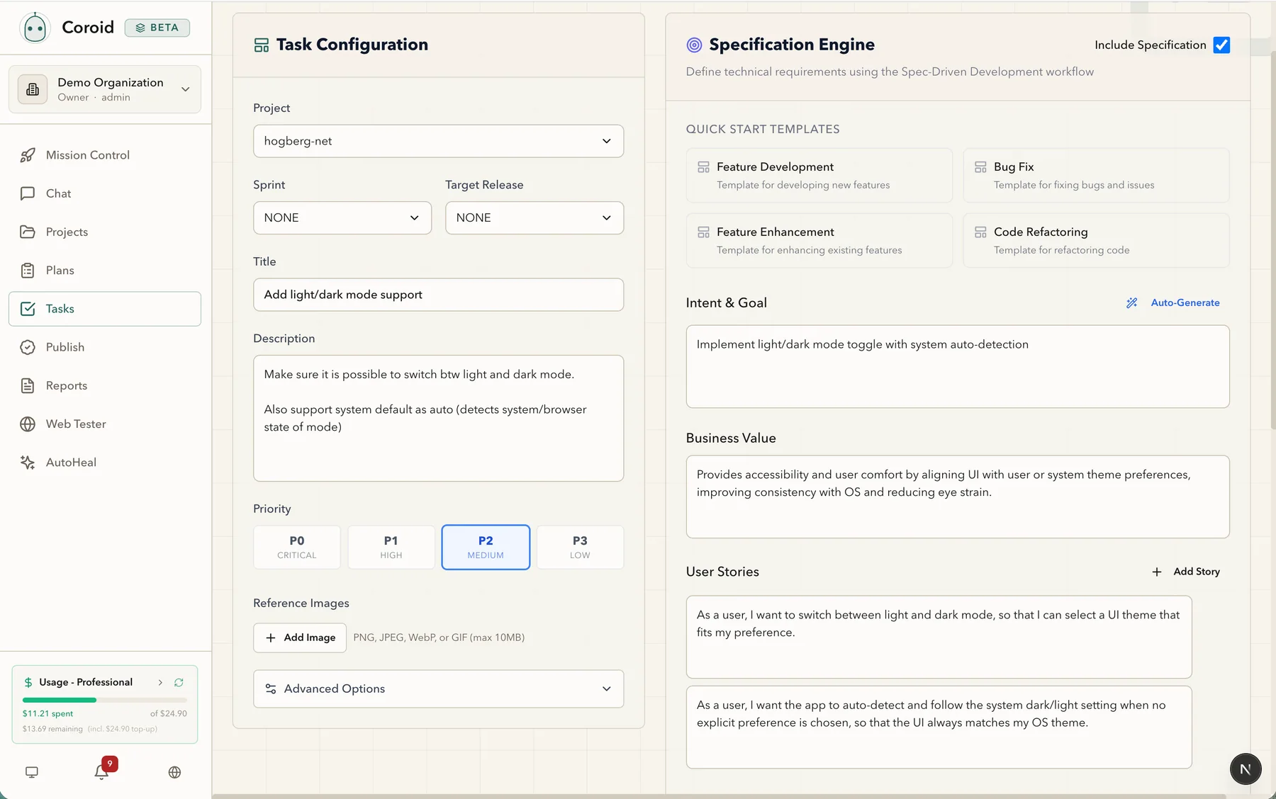 Coroid new task screen showing a specification engine with goal, business value, user stories, and priority